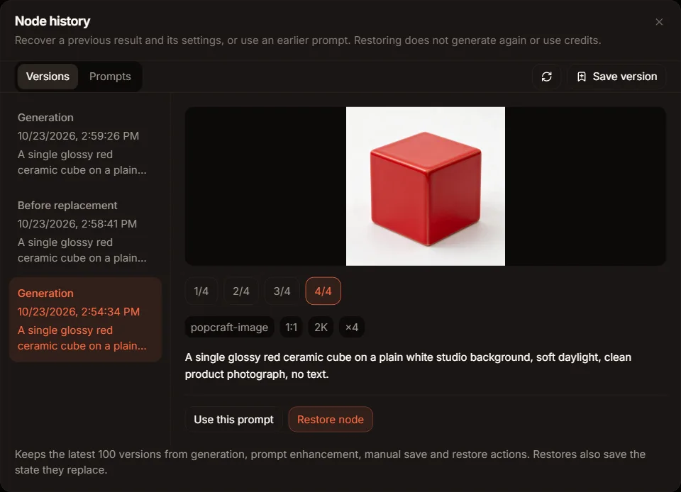Popcraft Canvas node history showing an earlier four-image generation, saved settings and Restore node
