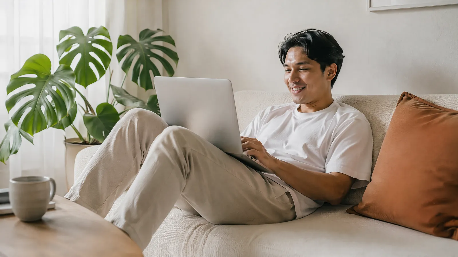 A creator relaxing on a sofa with a laptop in a bright living room