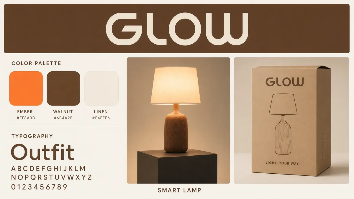 Brand kit board: palette, type and logo lock-ups for the fictional GLOW lamp
